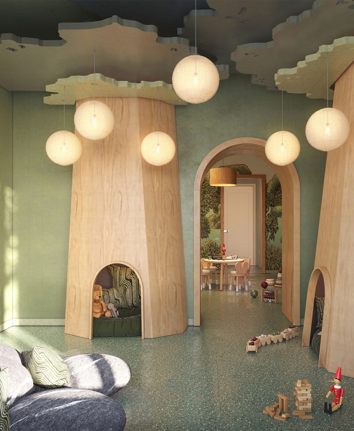 The Dupont, Greenpoint Landing, Brooklyn. Amenities include this children's playroom with custom tree cubbies.