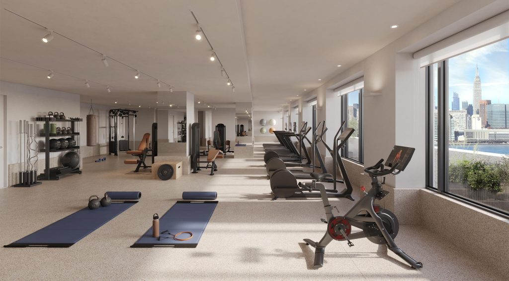 The Dupont fitness center with equipment by Technogym and Peloton. The rental building also has private treatment rooms to book-you-own service.