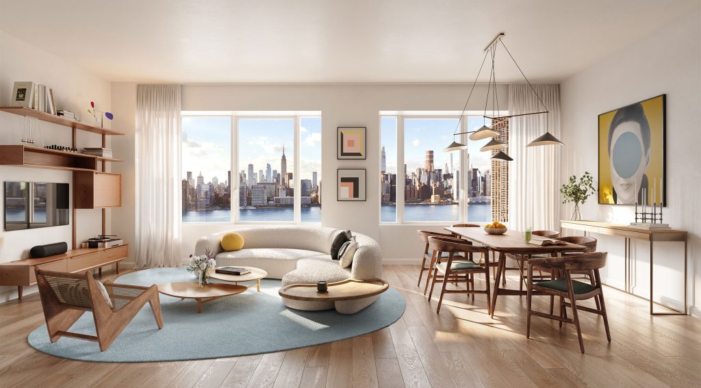 The Dupont residential living room with water and Manhattan skyline views. The Dupont offers spacious apartments for rent.