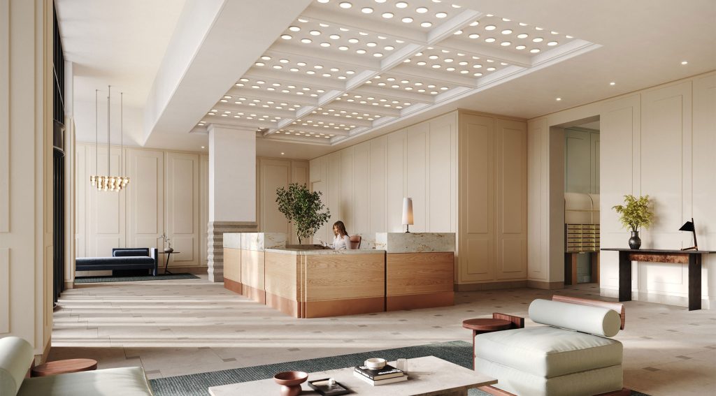 The Dupont Lobby with reception desk and seating area.