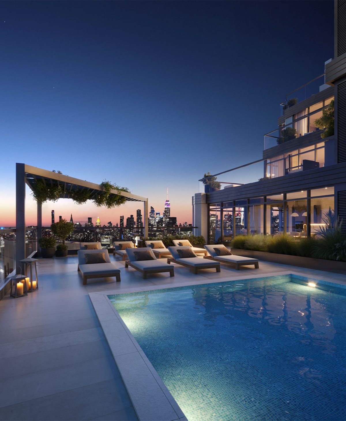 Rooftop pool at The Dupont in Greenpoint, Brooklyn. Part of the large amenity package at this rental building.