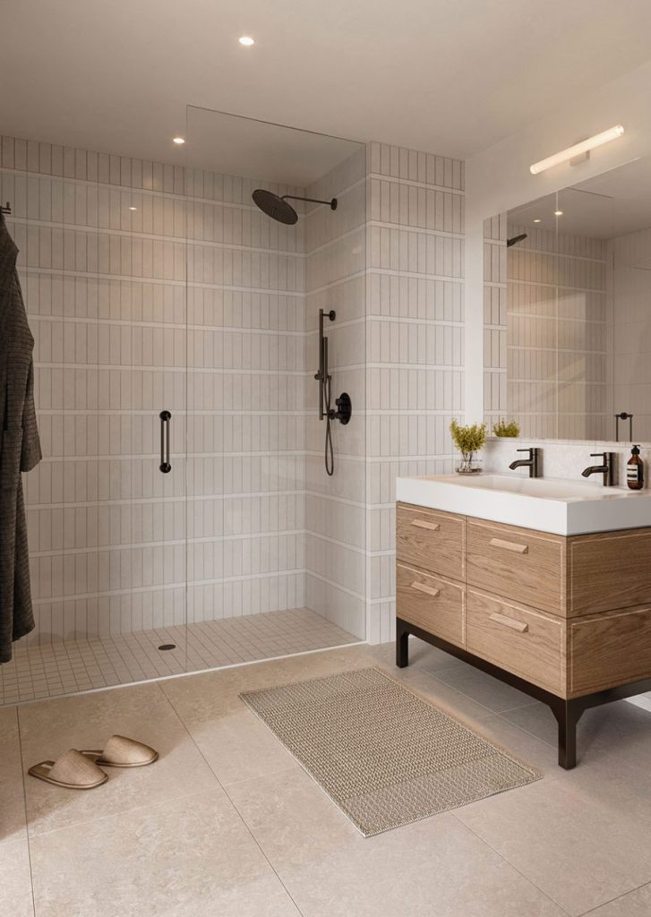 The Dupont residential bathroom with custom oak vanity and Bottocino Italian marble wall and floors. Rental apartments have luxury finishes in this Greenpoint, BK building.